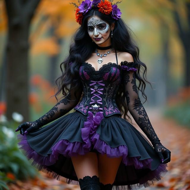 Depict a realistic image with a female person attending an 'Elegant Spirits of the Night' themed outdoor Halloween party. Her outfit consists of a black bodice corset adorned with lace and sugar skull patterns, accompanied by a full-circle skirt with layers of black and purple tulle, complemented by black lace fingerless gloves, sheer black shawl with marigold embroidery, and Victorian ankle boots. Her accessories include a sugar skull mask, thigh-high stockings with sugar skull trim, and silver skeleton-themed jewelry. Her hair is the voluminous, long black 'Midnight Mariposa' style with purple undertones and a flower crown.