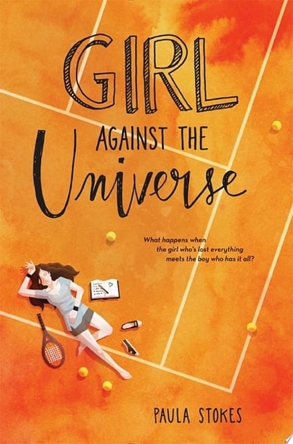 The cover features an orange tennis court background with a girl lying down. Tennis balls and a racket are scattered around her, symbolizing a key theme of the story. The title is prominently placed at the top, with the author’s name at the bottom.