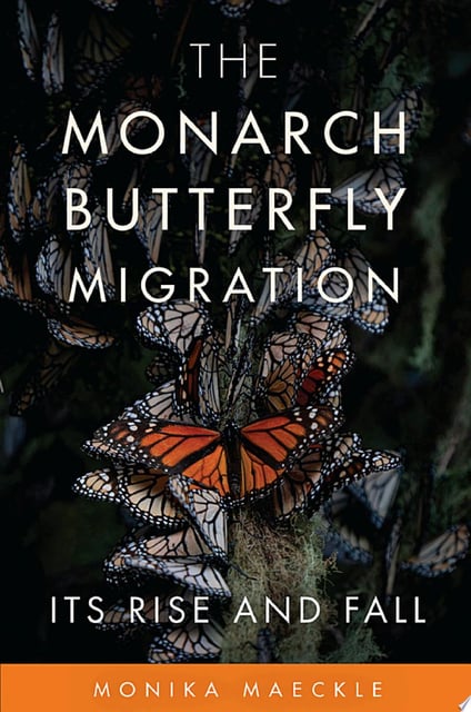 A monarch butterfly is prominently featured against a backdrop of clustered butterflies, suggesting movement and migration.
