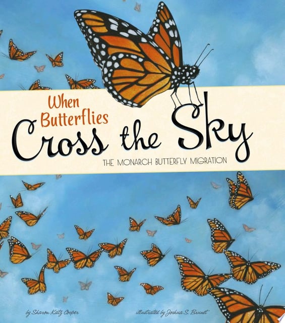 The original cover features a large monarch butterfly centrally placed, surrounded by a swarm of smaller butterflies set against a light blue sky. The use of bright oranges and soft blues is eye-catching and thematically appropriate.