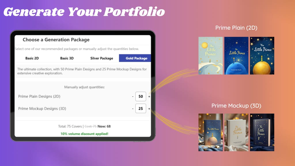 A composite image showing the package selection UI on a tablet, with swooping lines connecting it to a grid of generated 2D and 3D book cover designs.