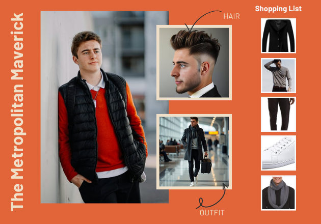 Showcase of output for male model with ID no.8. The image includes the user's photo, a generated haircut recommendation, outfit ideas for AIRPORT OUTFIT IDEAS, and a complete shopping list.