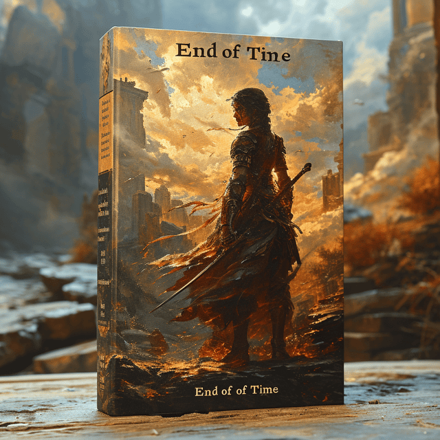 The cover features a female warrior standing in a dynamic pose with a sword in hand, ready for battle. The background is a mysterious and ethereal landscape, with swirling clouds and ancient ruins.
