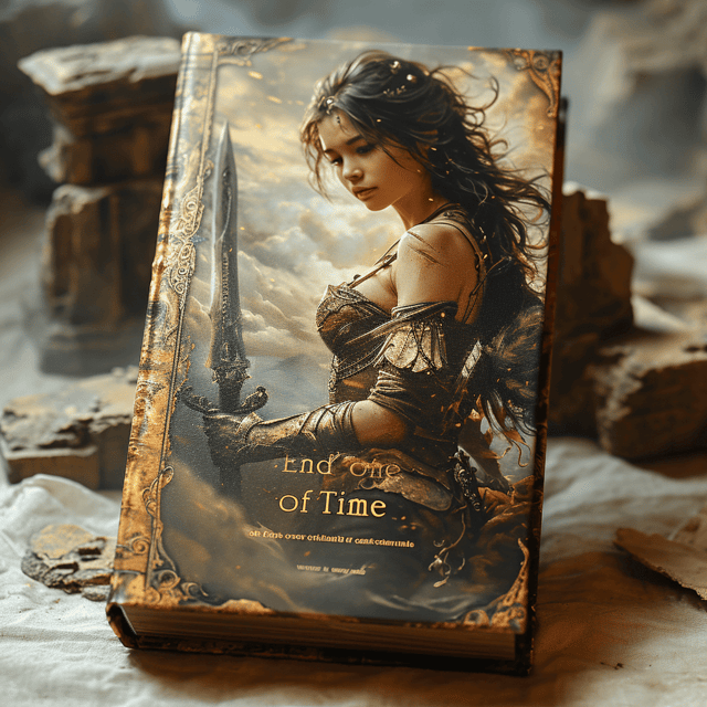 A female warrior in a dynamic pose, holding a sword and surrounded by mystical elements. A mysterious background with swirling clouds and ancient ruins.