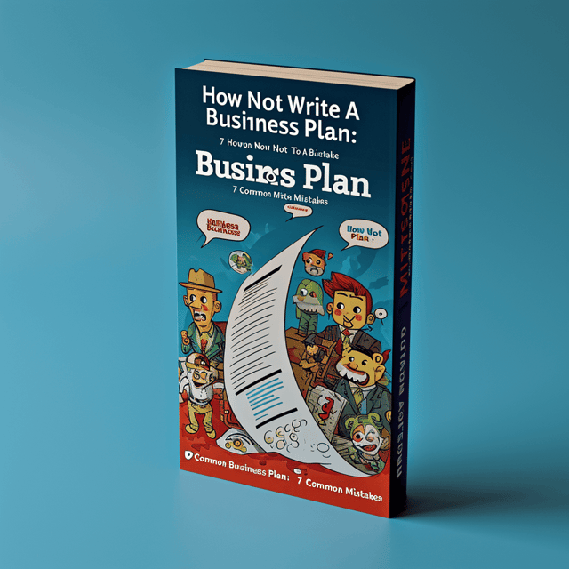 The cover features a crisp, bright blue background with a large, cartoonish business plan collapsing in the center. Surrounding the collapsed plan, quirky cartoon characters are scattered around, adding a lighthearted and humorous touch to the design. The design incorporates speech bubbles with comical dialogue from the characters, further enhancing the humor aspect.