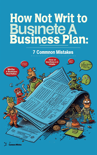 The cover features a crisp, bright blue background with a large, cartoonish business plan collapsing in the center. Surrounding the collapsed plan, quirky cartoon characters are scattered around, adding a lighthearted and humorous touch to the design. The design incorporates speech bubbles with comical dialogue from the characters, further enhancing the humor aspect.
