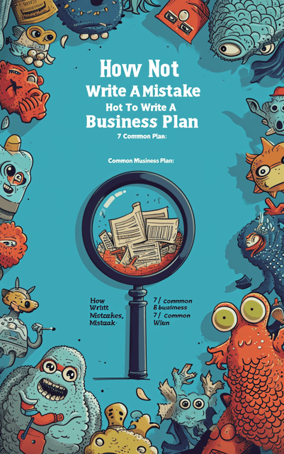 The cover features a clean and minimalist design. The background is a solid, bright blue color. In the center, a magnifying glass is placed, with a cartoonish business plan collapse inside it. Quirky cartoon characters are scattered around the cover, adding a touch of humor.
