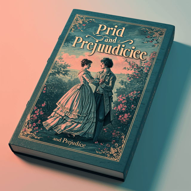 The cover features a pastel blue and pink gradient background with an illustration of a regency-era couple dancing at a ball. The title "Pride and Prejudice" is placed in an elegant and flowing script font at the top, while the author's name is in a clean and modern sans-serif font at the bottom.