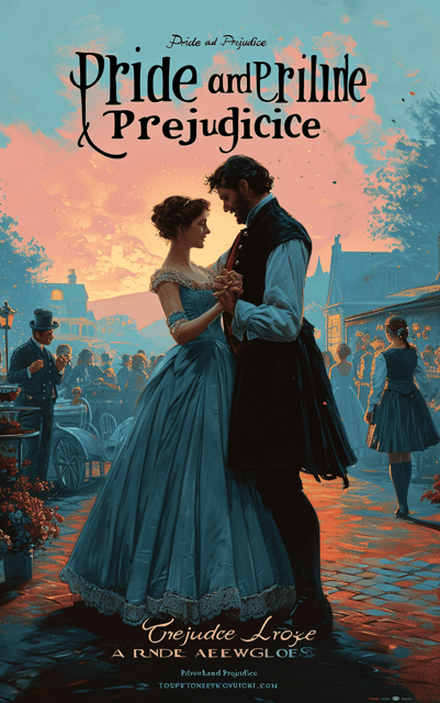 The cover features a pastel blue and pink gradient background with an illustration of a regency-era couple dancing at a ball. The title "Pride and Prejudice" is placed in an elegant and flowing script font at the top, while the author's name is in a clean and modern sans-serif font at the bottom.