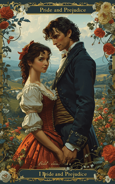 The cover features a delicate illustration of a couple in regency-era clothing, standing in a lush countryside setting. The illustration is surrounded by a whimsical border of flowers and vines.