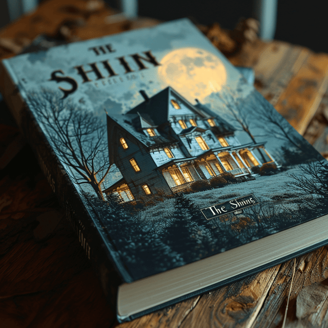A spooky mansion sits on top of a hill, surrounded by a dark forest. The mansion is illuminated by a full moon in the sky, casting an eerie glow on the scene.