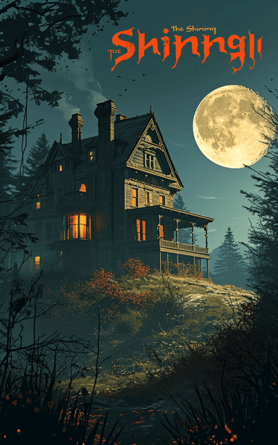 A spooky mansion sits on top of a hill, surrounded by a dark forest. The mansion is illuminated by a full moon in the sky, casting an eerie glow on the scene.