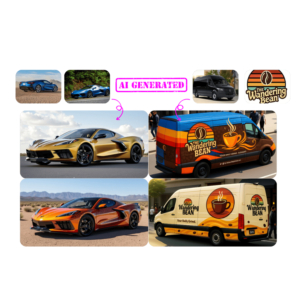 A combined collage of sports cars and futuristic cybertrucks. The sports cars include vibrant blue, gold, and orange models, while the trucks feature modern designs in teal and black, labeled 'AI Generated' in parts.