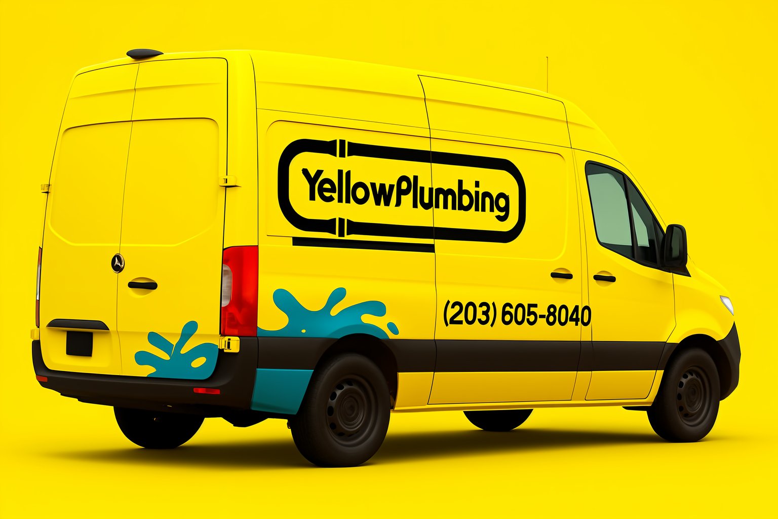 A yellow van featuring YellowPlumbing, (203) 605-8040, and blue water splash graphics showcases creative van wrap designs, parked against a matching yellow background.