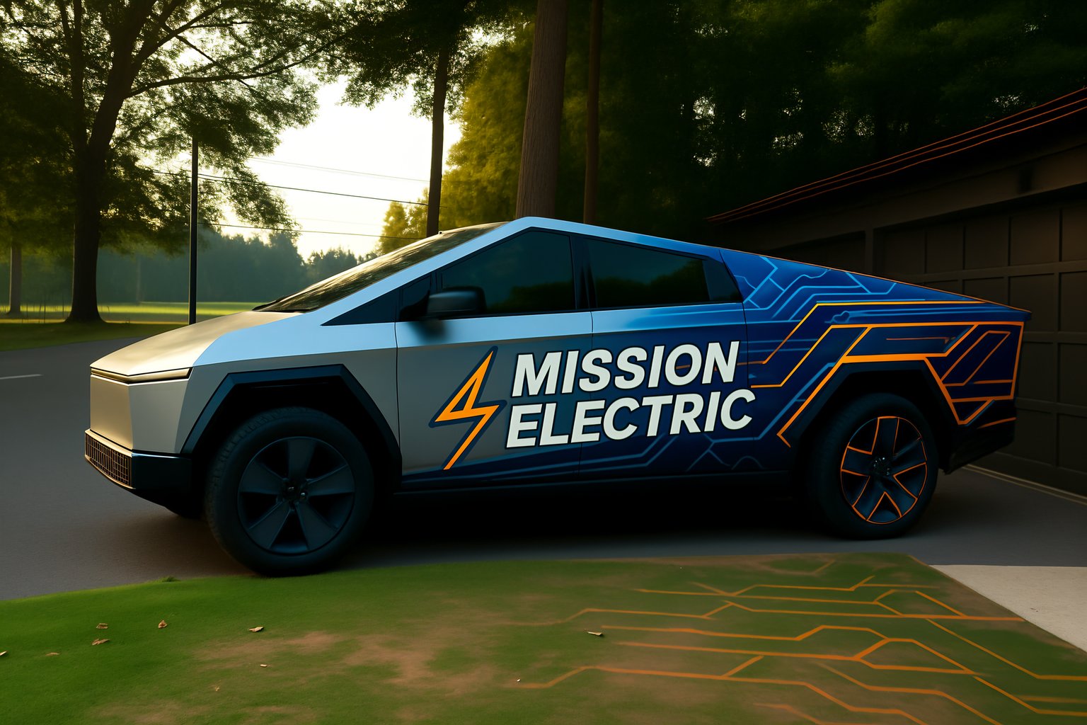 Sleek Electric Truck Wrap with Futuristic Tech Graphics