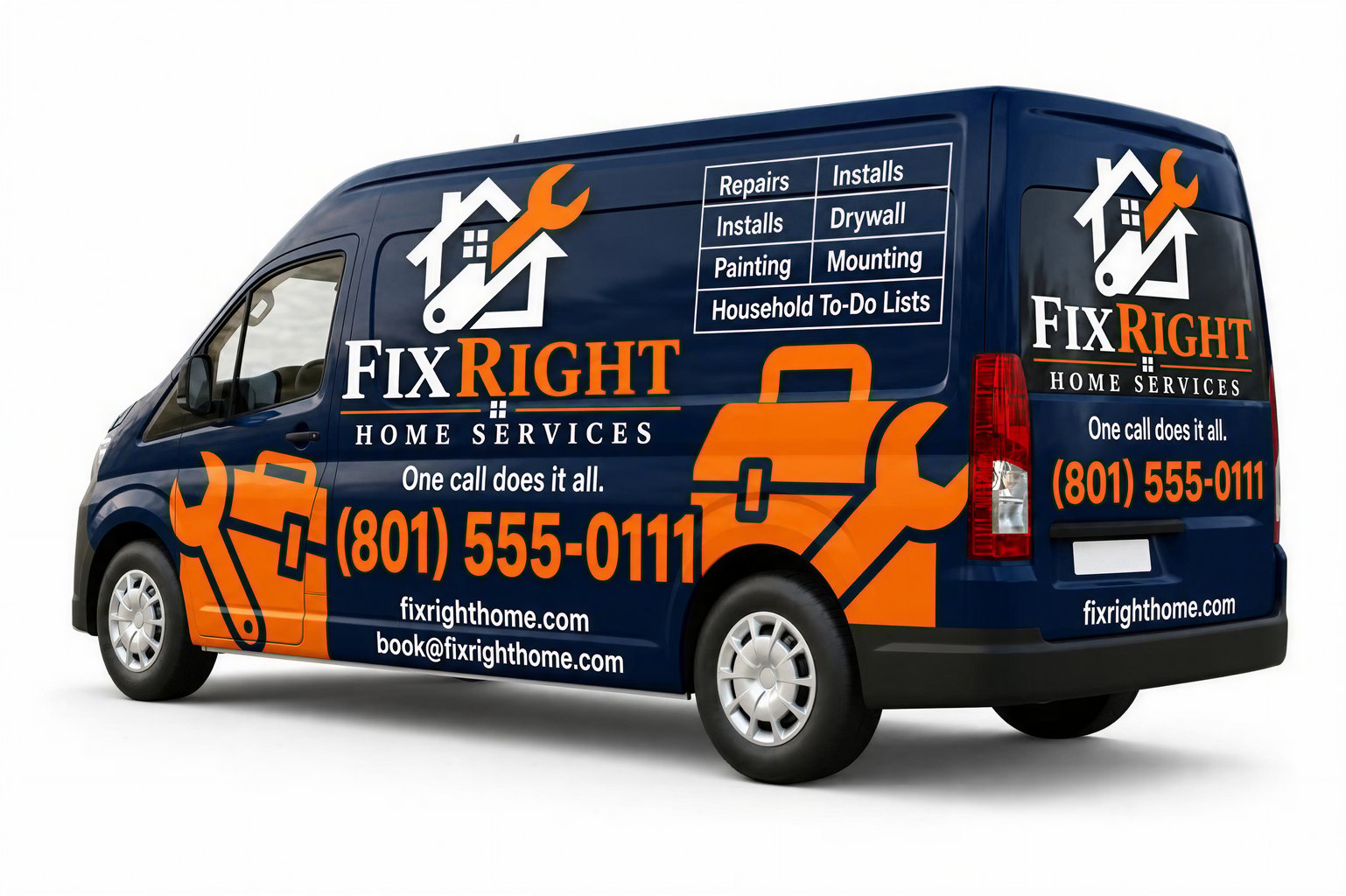 Handyman van wrap with navy and orange toolbox theme