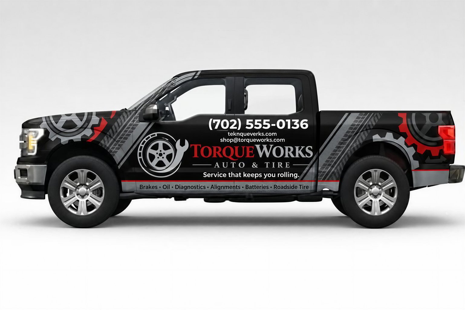 Industrial Auto Repair Truck Wrap with Black, Red, and Gray Design