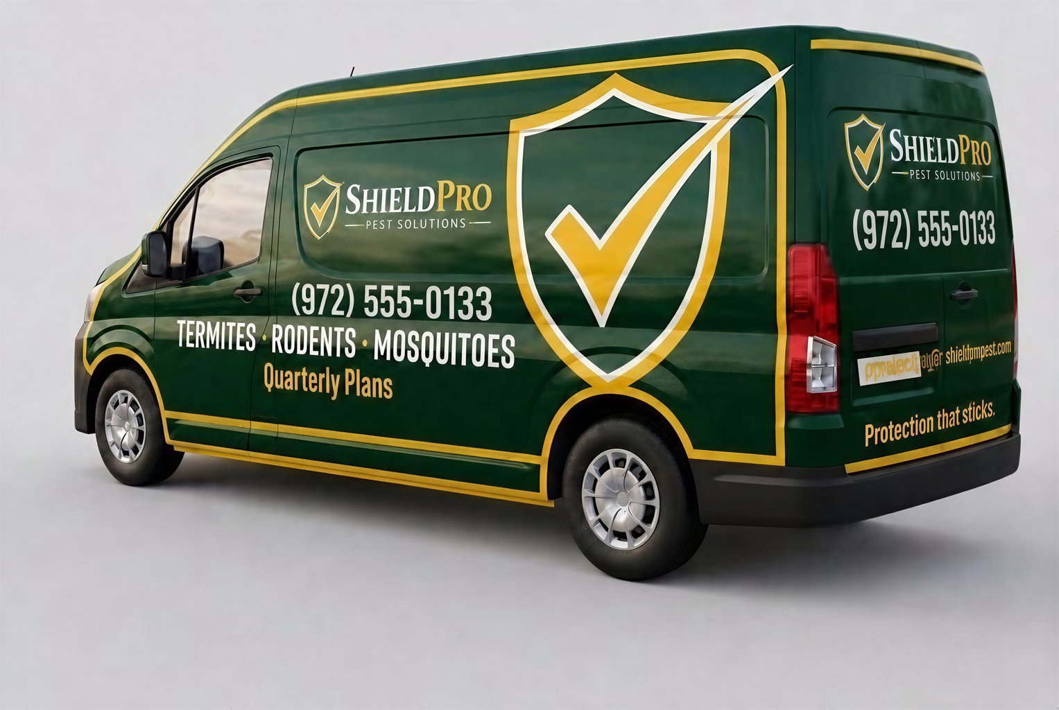 Pest Control Van Wrap in Green and Yellow with Shield Design