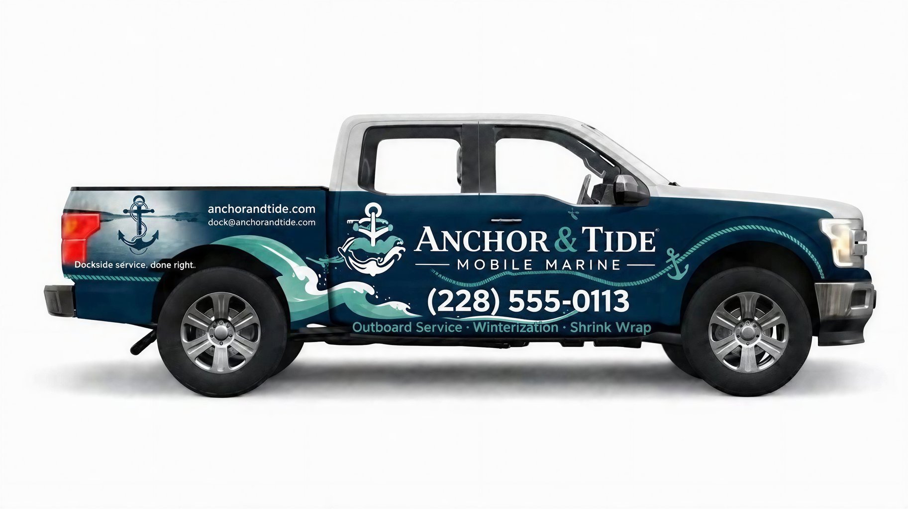 Navy and Seafoam Marine Service Truck Wrap with Nautical Theme