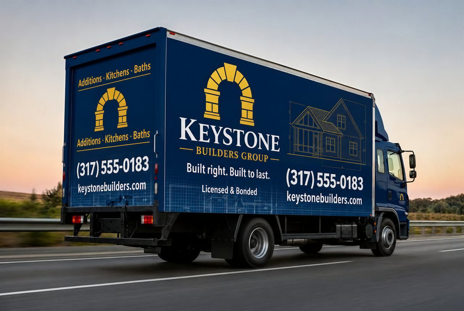 Box truck with deep-navy grid design for construction services
