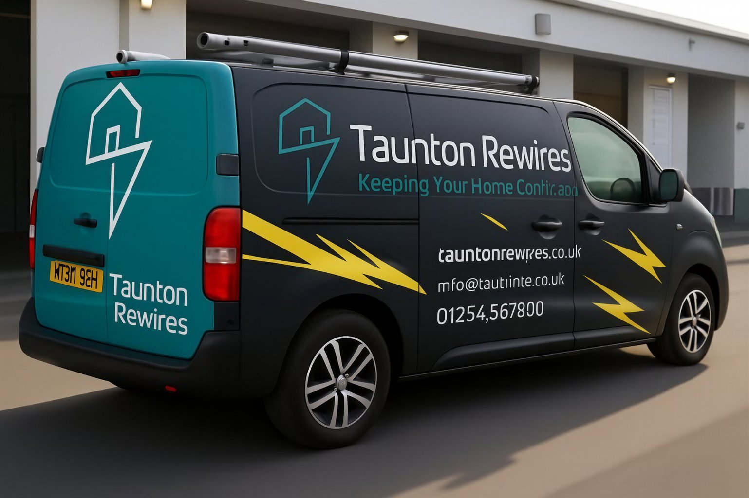 Electrician Van Wrap with Teal and Yellow Lightning Design