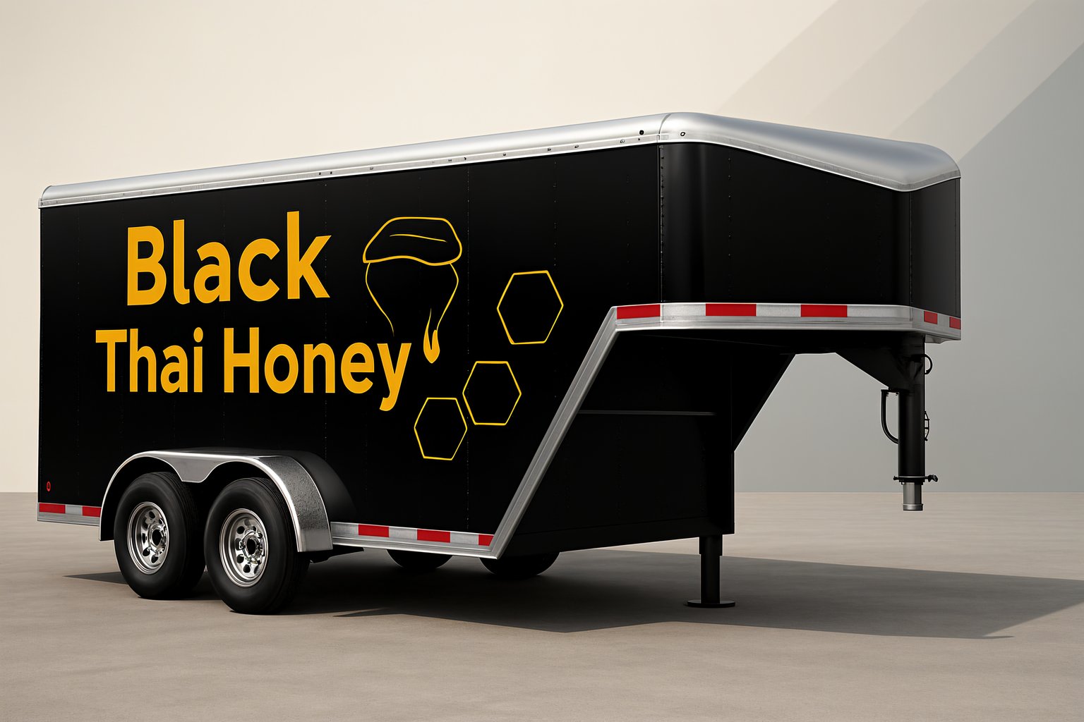 Black trailer with honey-themed design in yellow graphics