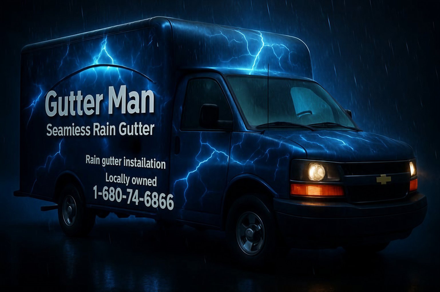 Rain gutter installation truck wrap with lightning theme