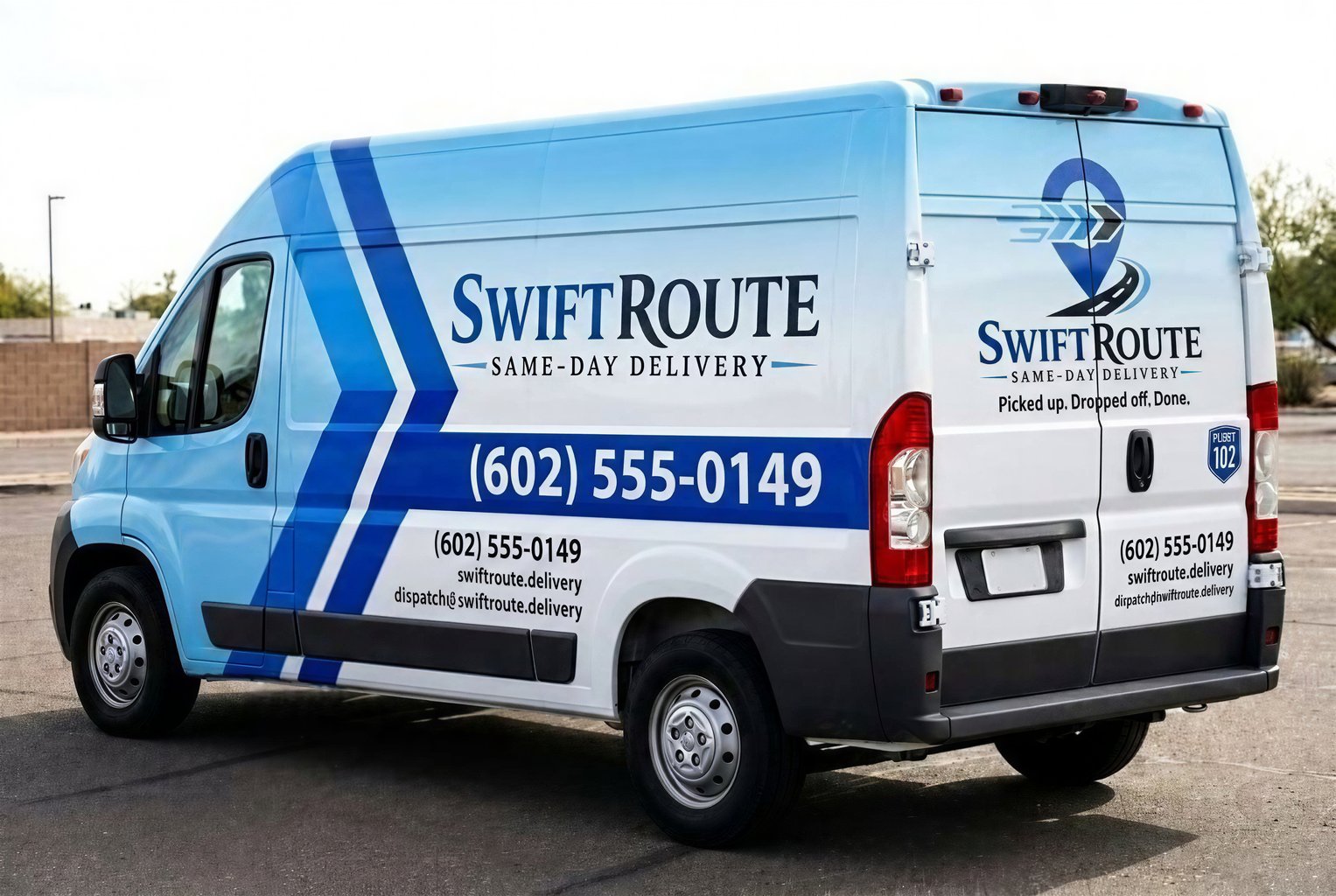Professional courier van wrap with cobalt motion chevrons