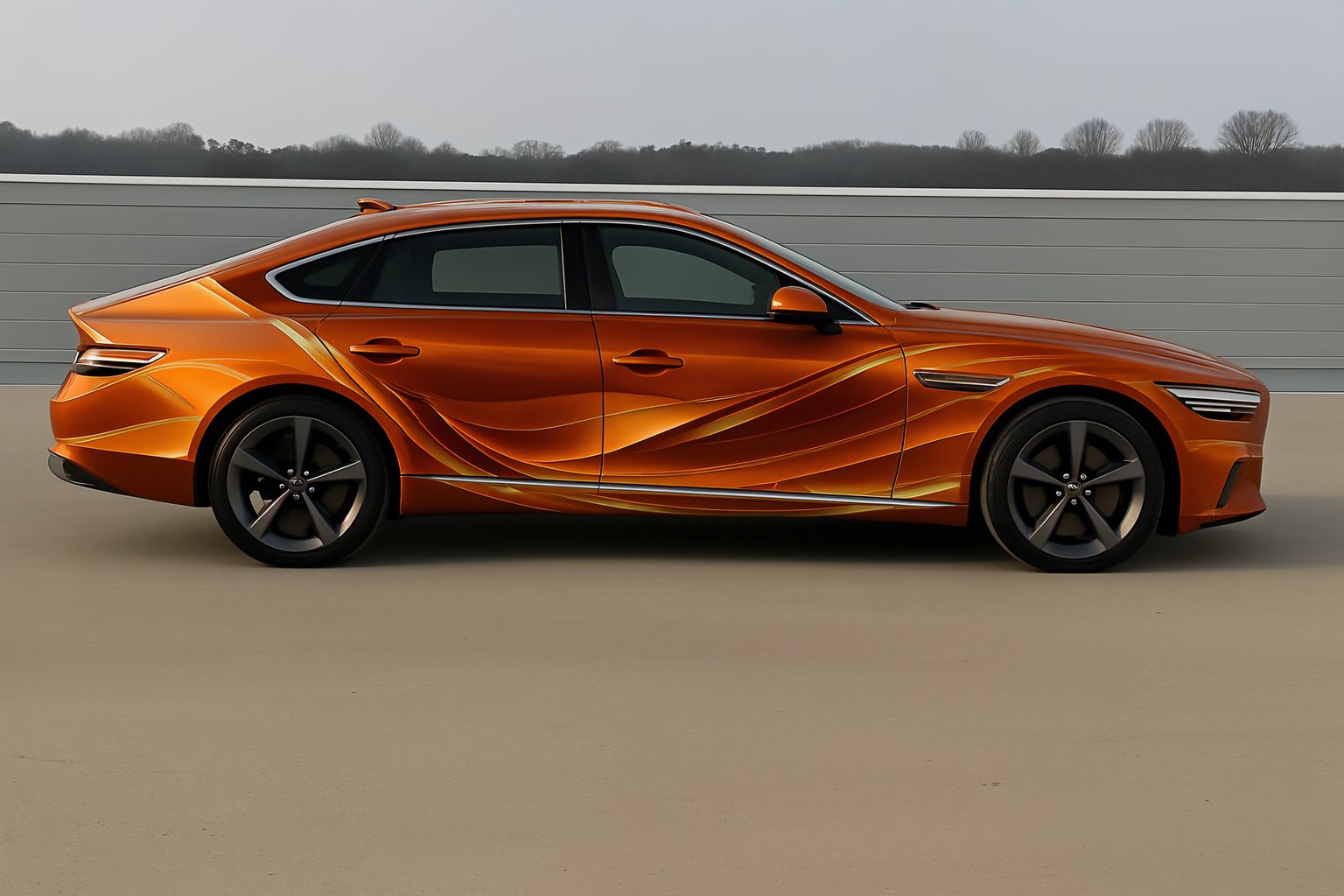 Luxury sedan with orange metallic wrap and dynamic wave design