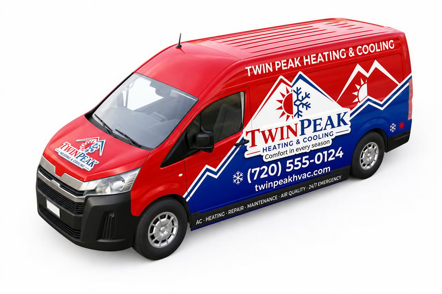 HVAC service van with red and blue professional design