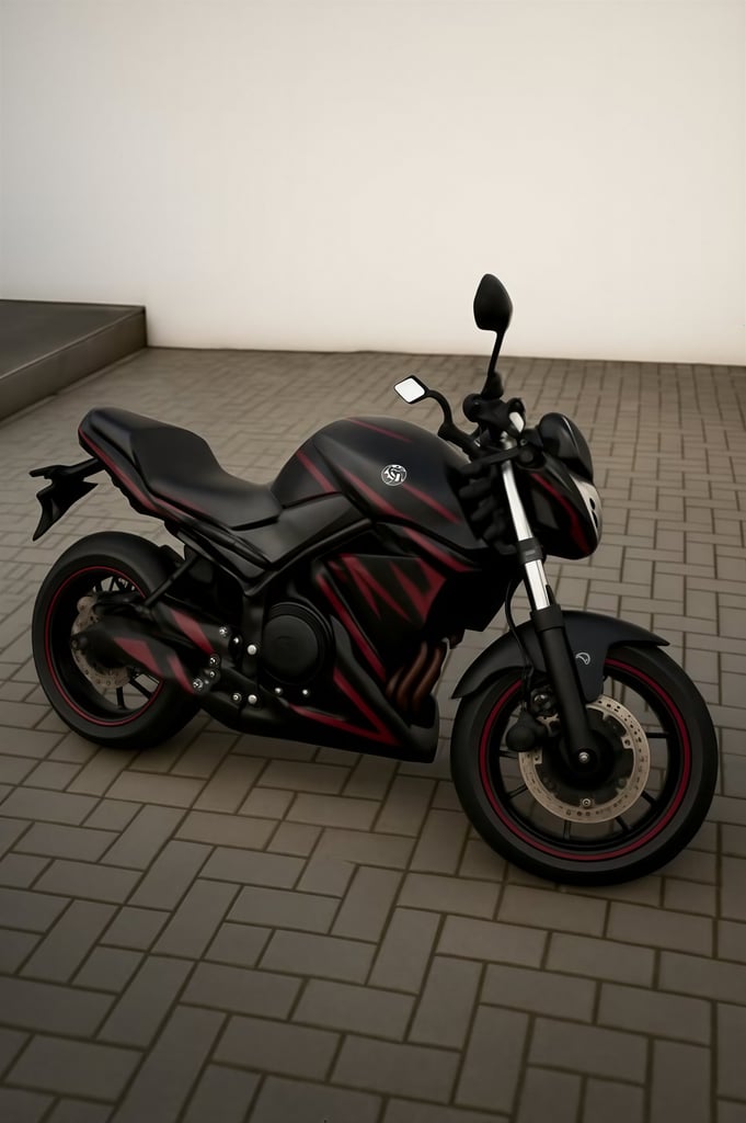 Matte black motorcycle wrap with violet accents and bold stripes