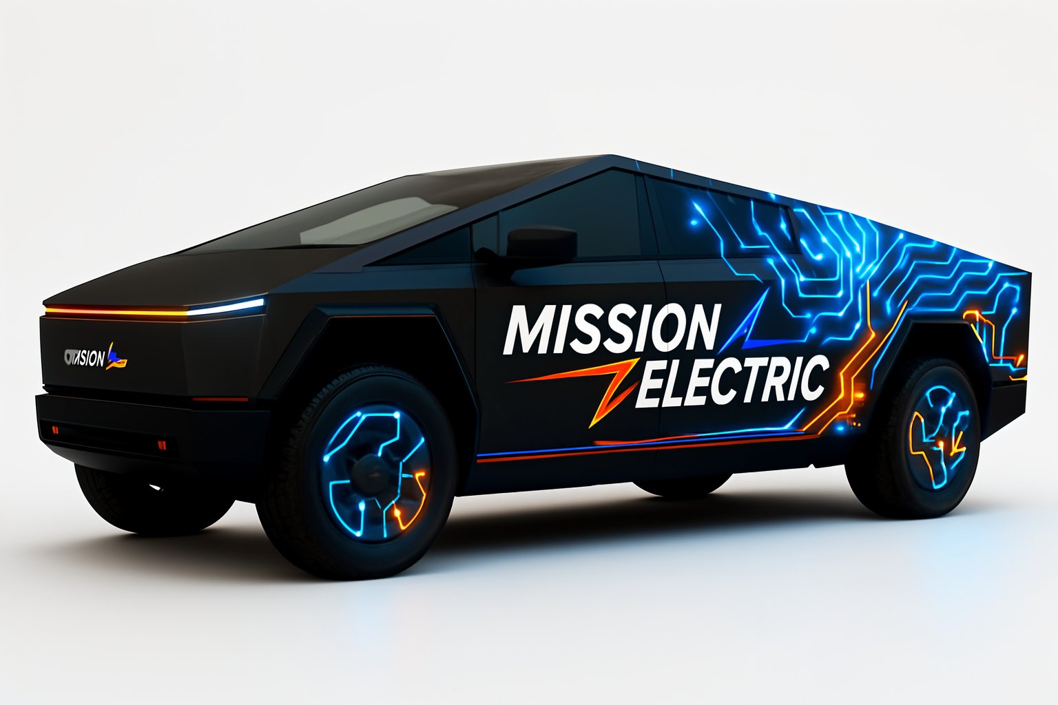 Futuristic black electric truck wrap with neon circuit pattern