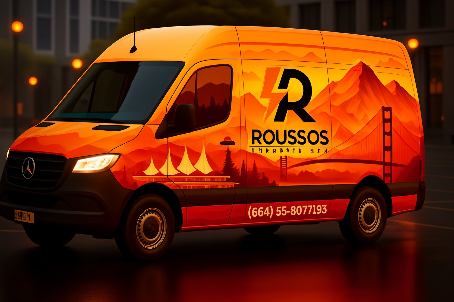 A brightly colored delivery van featuring eye-catching vehicle wraps with Roussos Pharmats MX, a phone number, and a mountain and bridge illustration, is parked on a city street at dusk. Inspiring modern van wrap designs.