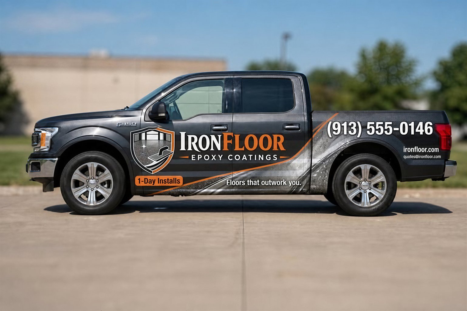 Industrial coatings pickup with glossy graphite and orange accents