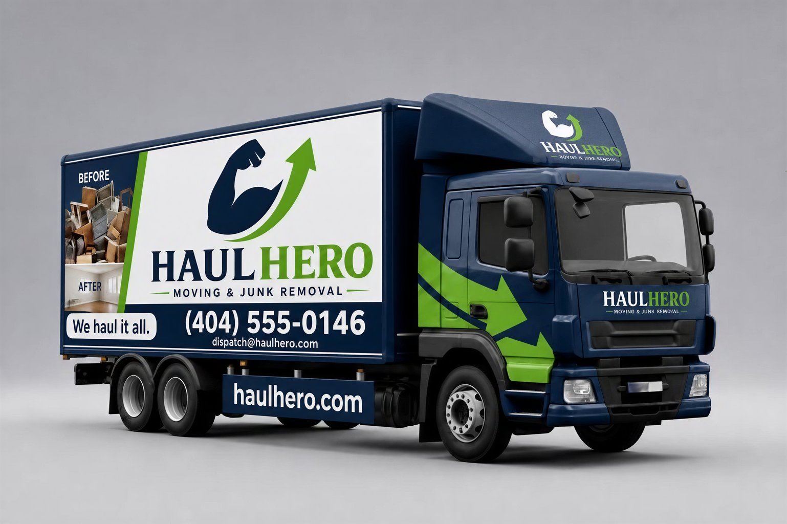 Box truck wrap with bold navy and green arrow design
