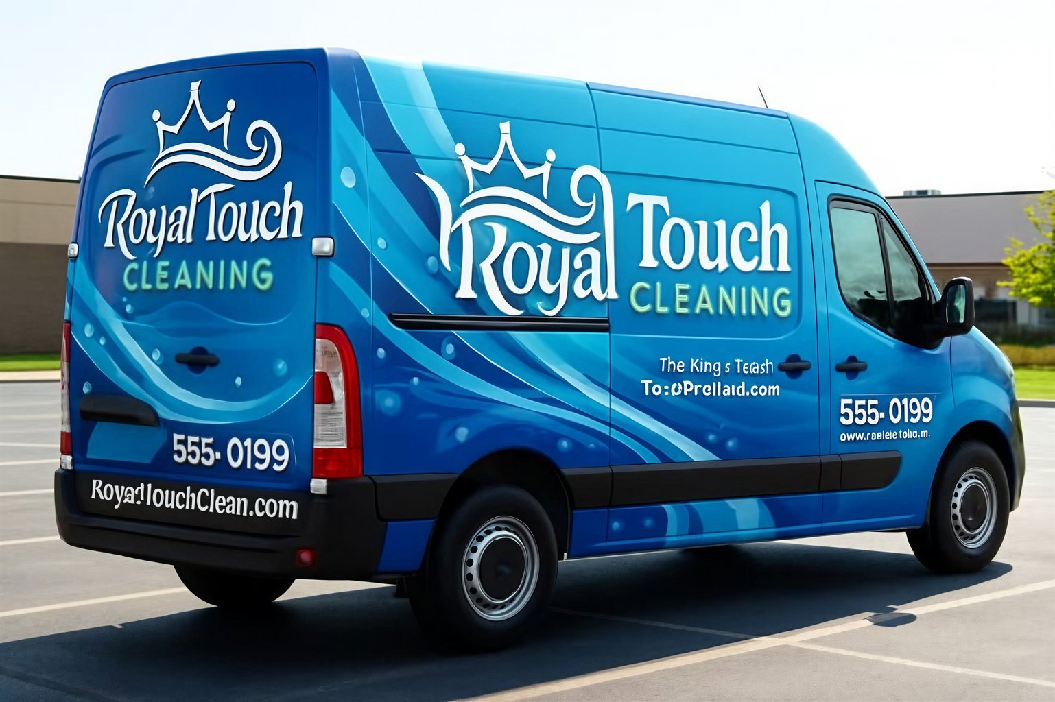 cleaning service van wrap with blue gradient and crown design