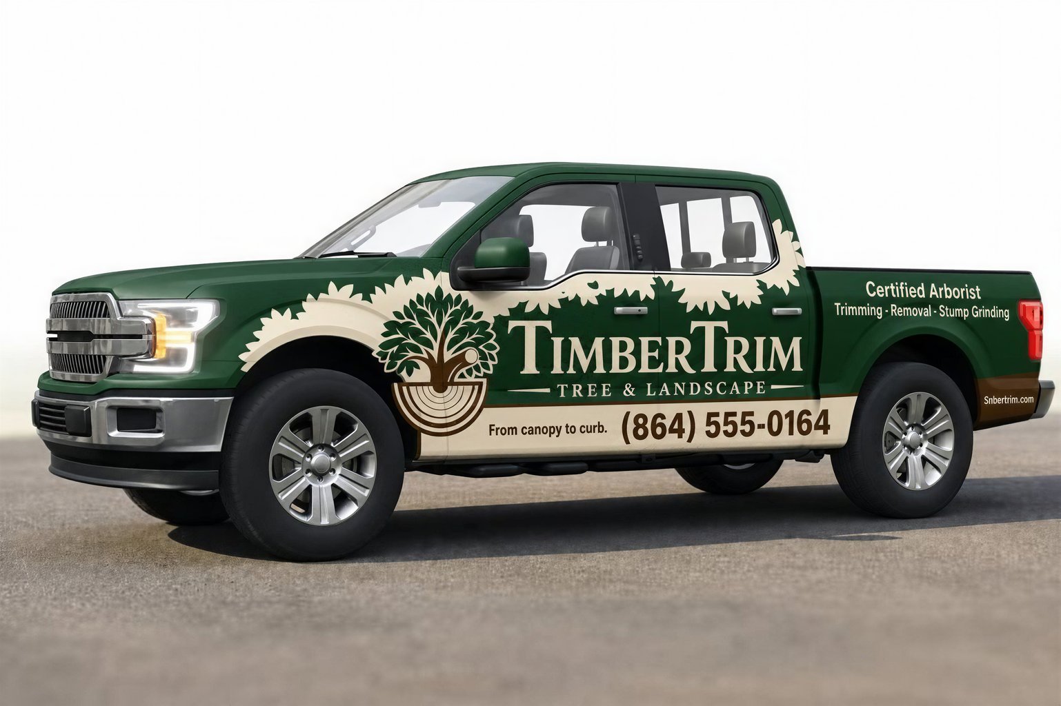 Rugged tree service pickup wrap with green, brown, and cream design