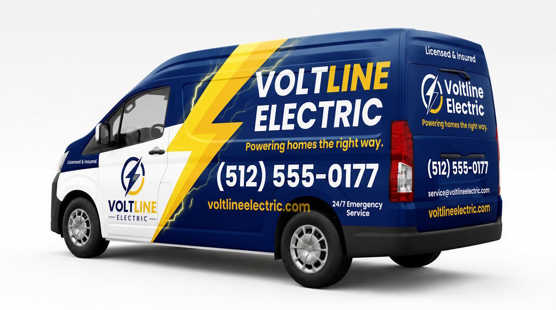 Electrician Service Van Wrap with Lightning Bolt in Blue and Yellow