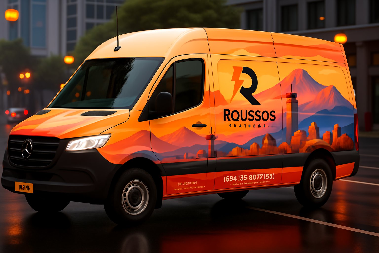 A brightly colored van with Roussos branding showcases eye-catching van wrap designs featuring vivid orange and yellow mountain graphics, a bold R logo, and a phone number on its side, parked on a city street at dusk.