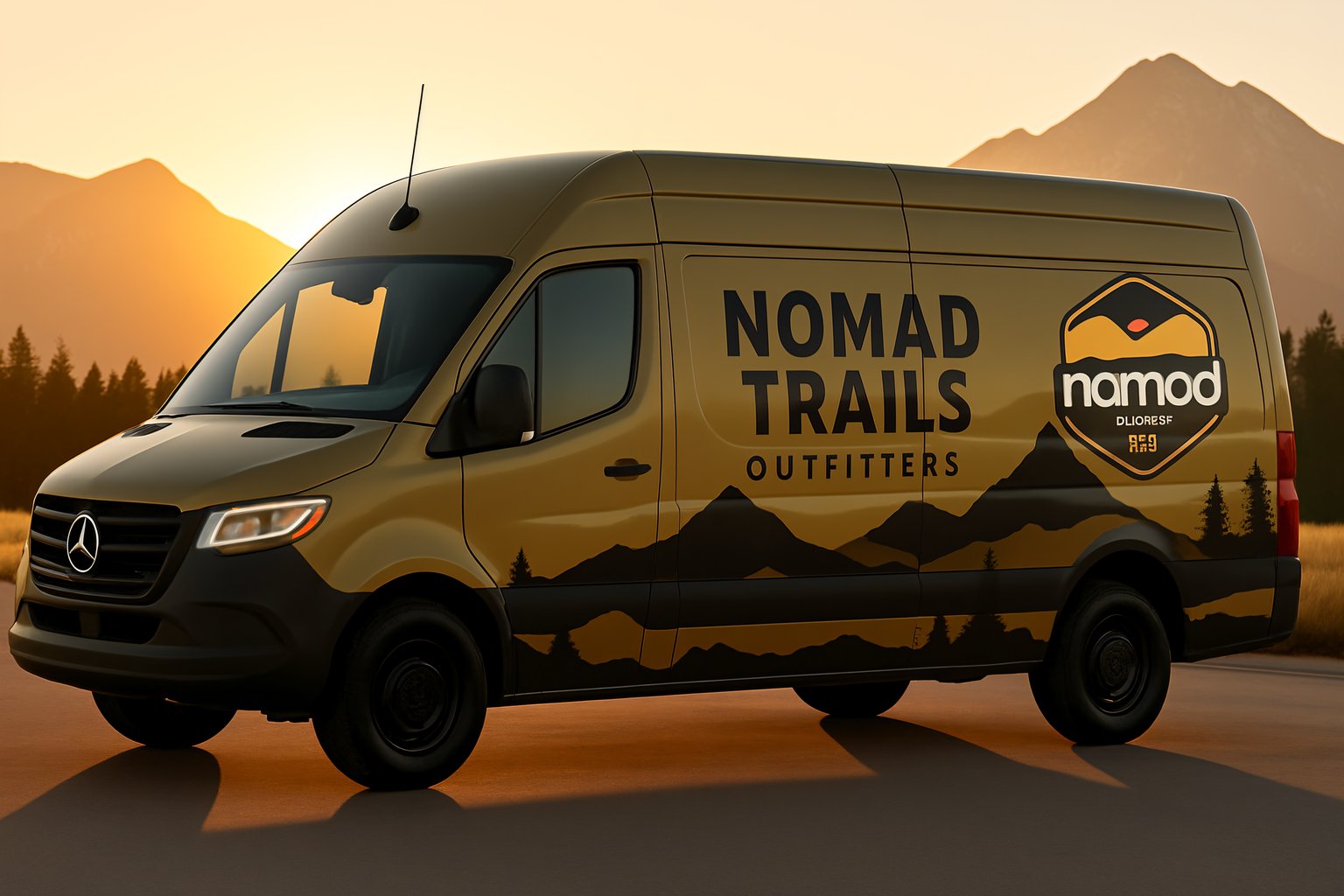 A creative and cool van wrap design with abstract, flowing lines in vibrant colors, showcasing a professional advertising wrap idea generated by AI.