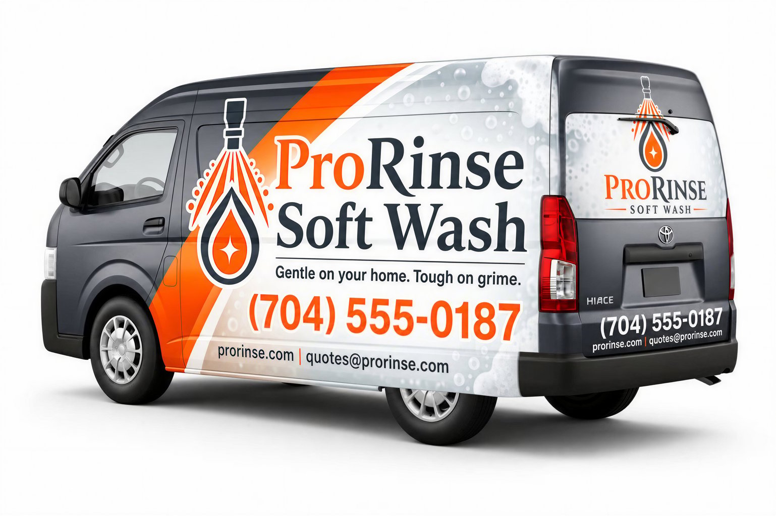 Modern cargo van wrap with graphite, orange, and white design