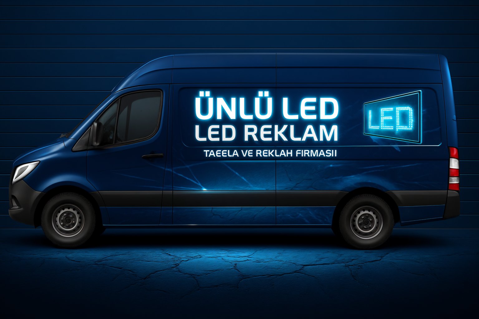 blue delivery van wrap with neon LED text design