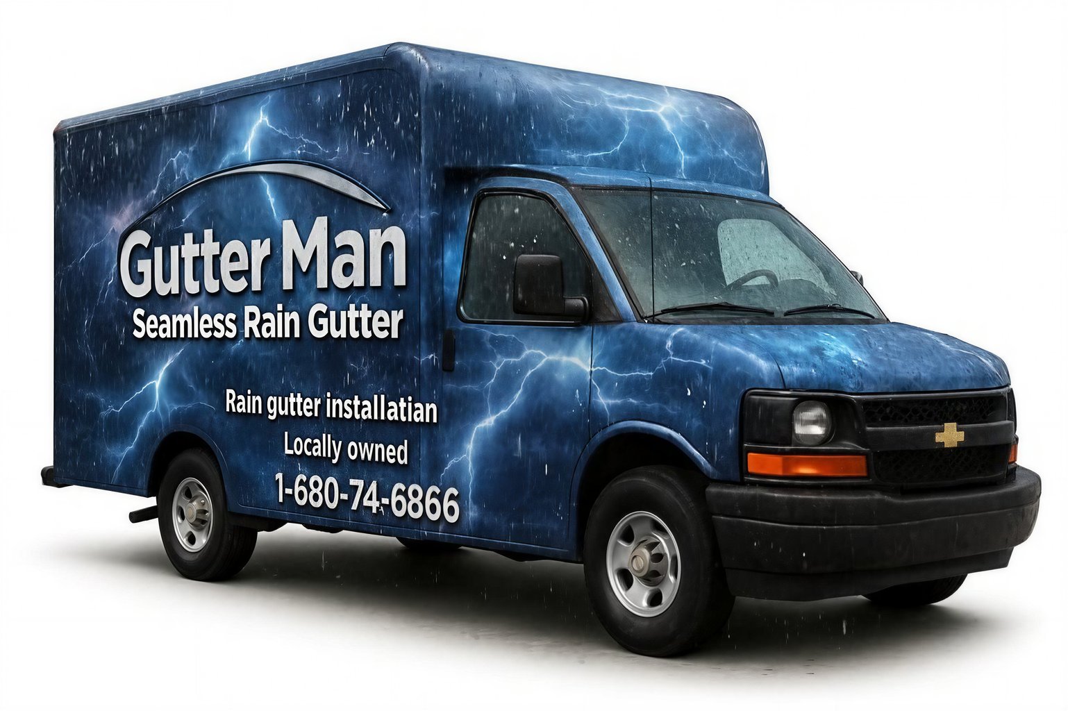 Rain gutter installation truck with thunderstorm wrap design