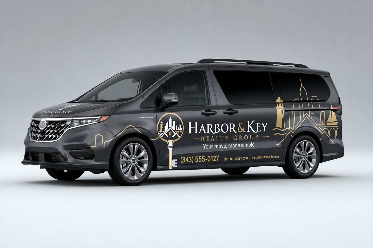 Elegant real estate minivan wrap in charcoal and champagne gold