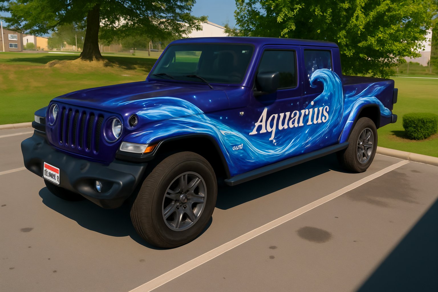 Glossy blue Aquarius truck wrap with water flow design
