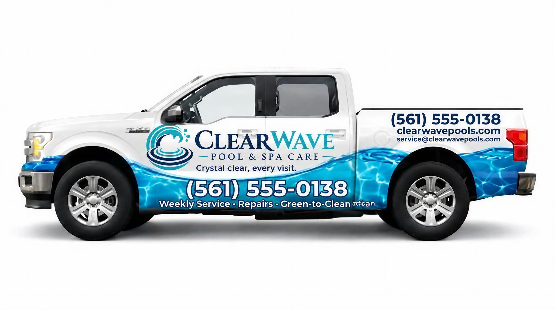 Glossy pool service truck wrap with aqua waterline design