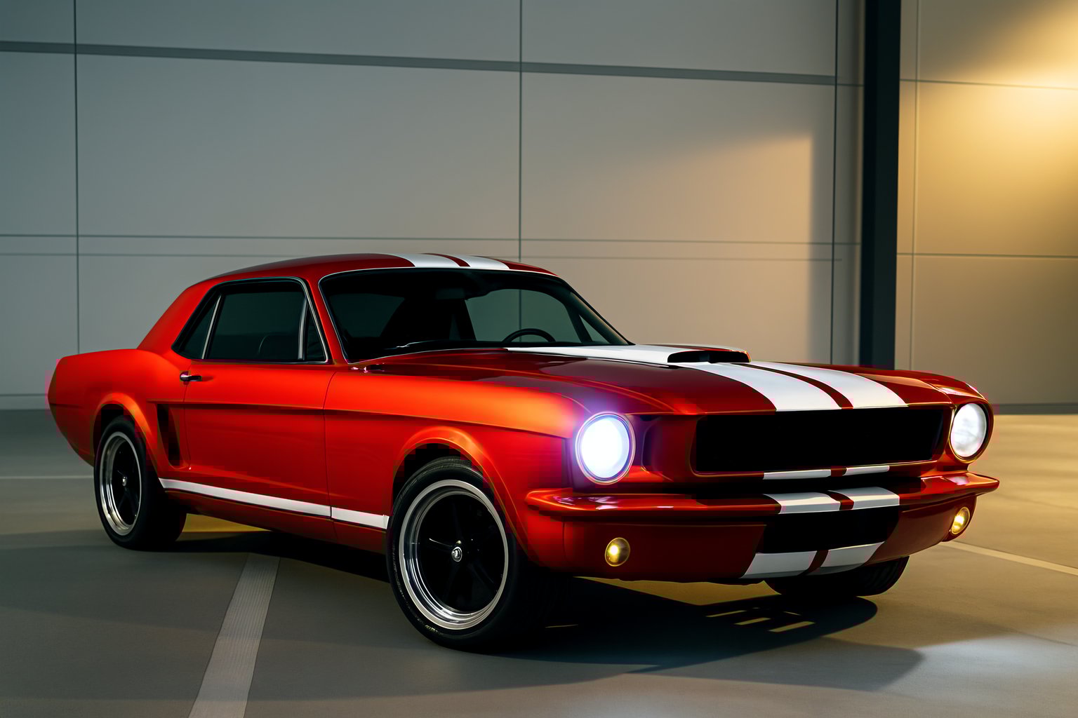 Classic red coupe with bold white racing stripes