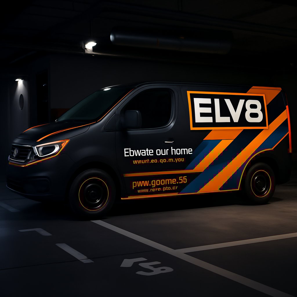 modern matte van wrap with bold blue and orange accents