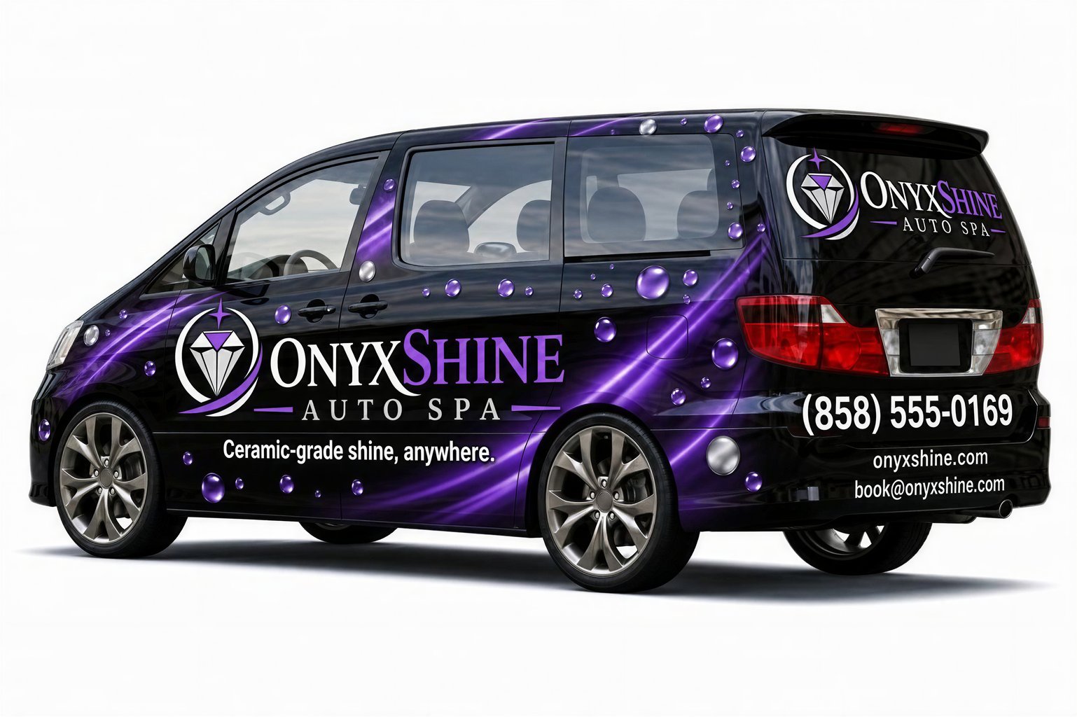 Luxury mobile detailing van with violet and silver accents