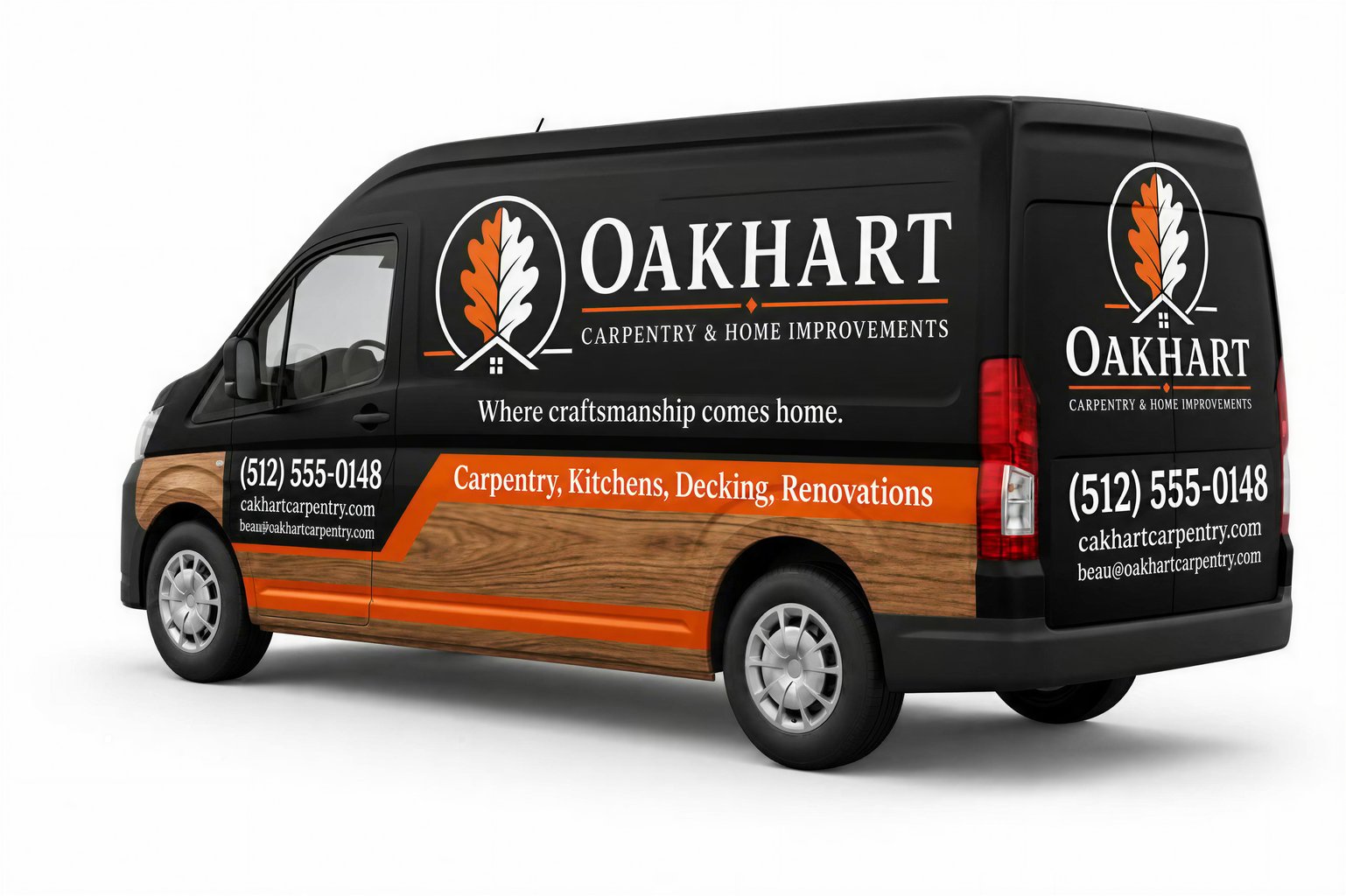Custom carpentry van wrap with black, orange, and wood-grain accents